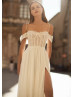 Cold Shoulder Ivory Lace Chiffon Slit Wedding Dress